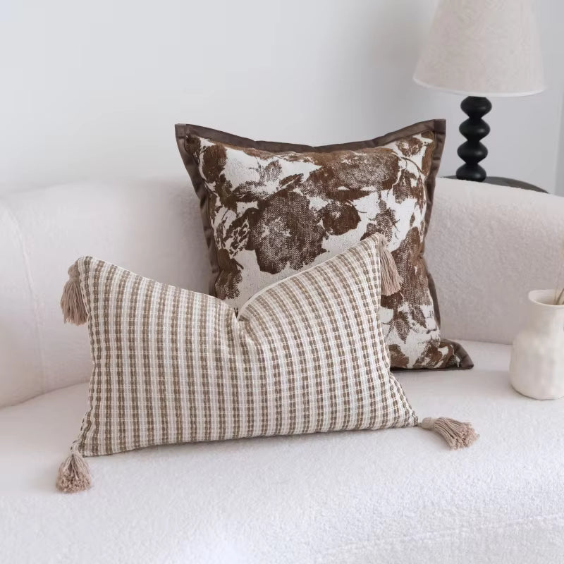 Retro Geometric Jacquard Pillow Cover - Beige Striped