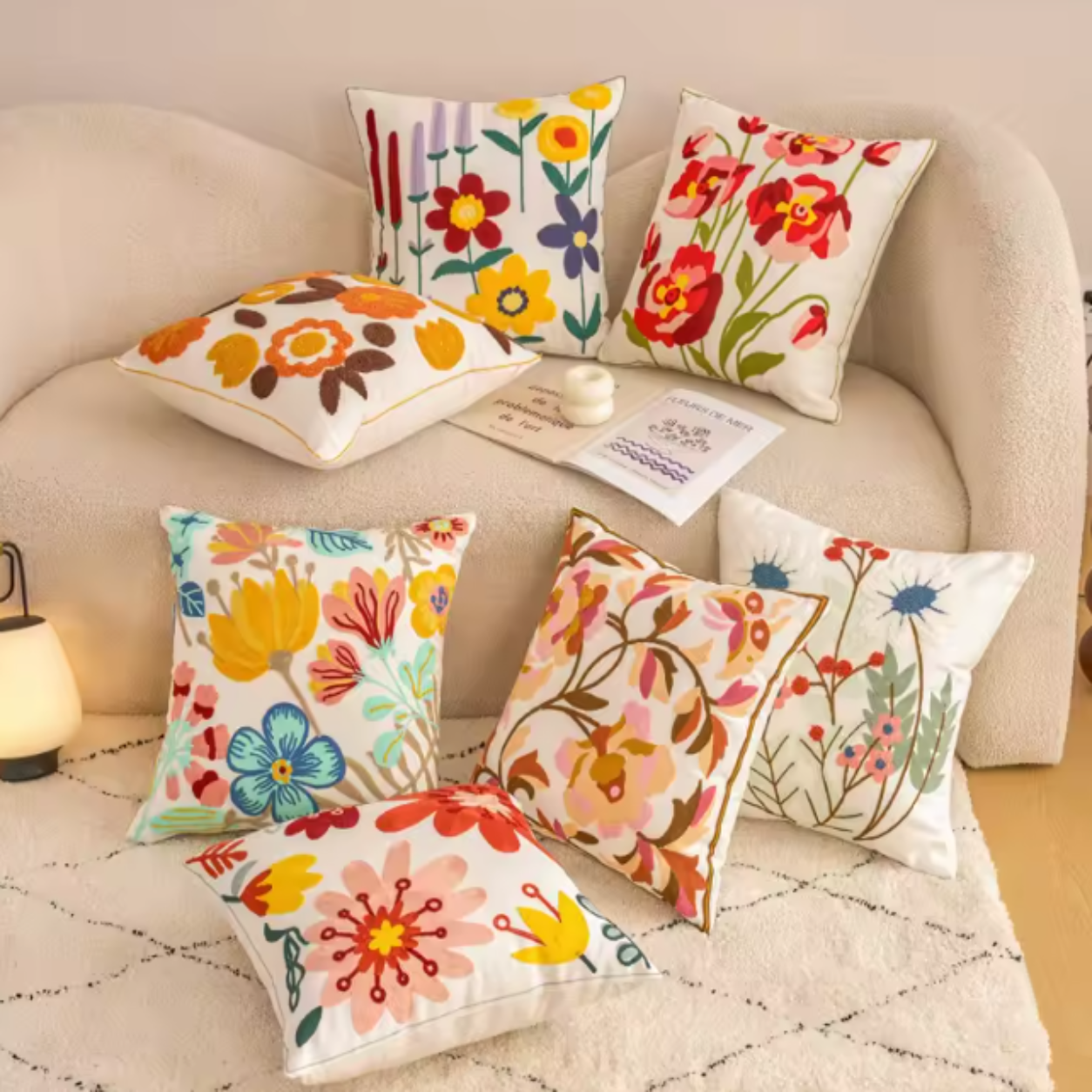 Floral Embroidered Throw Pillow Cover - Banana Leaf