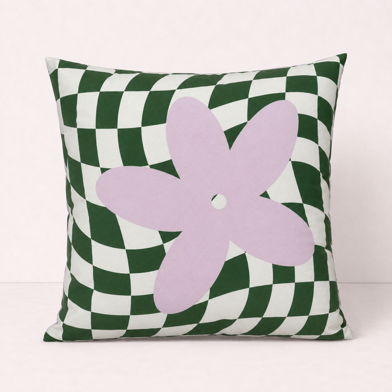 Checkered Lilac Greeb Throw Pillow Cover - Green Flower