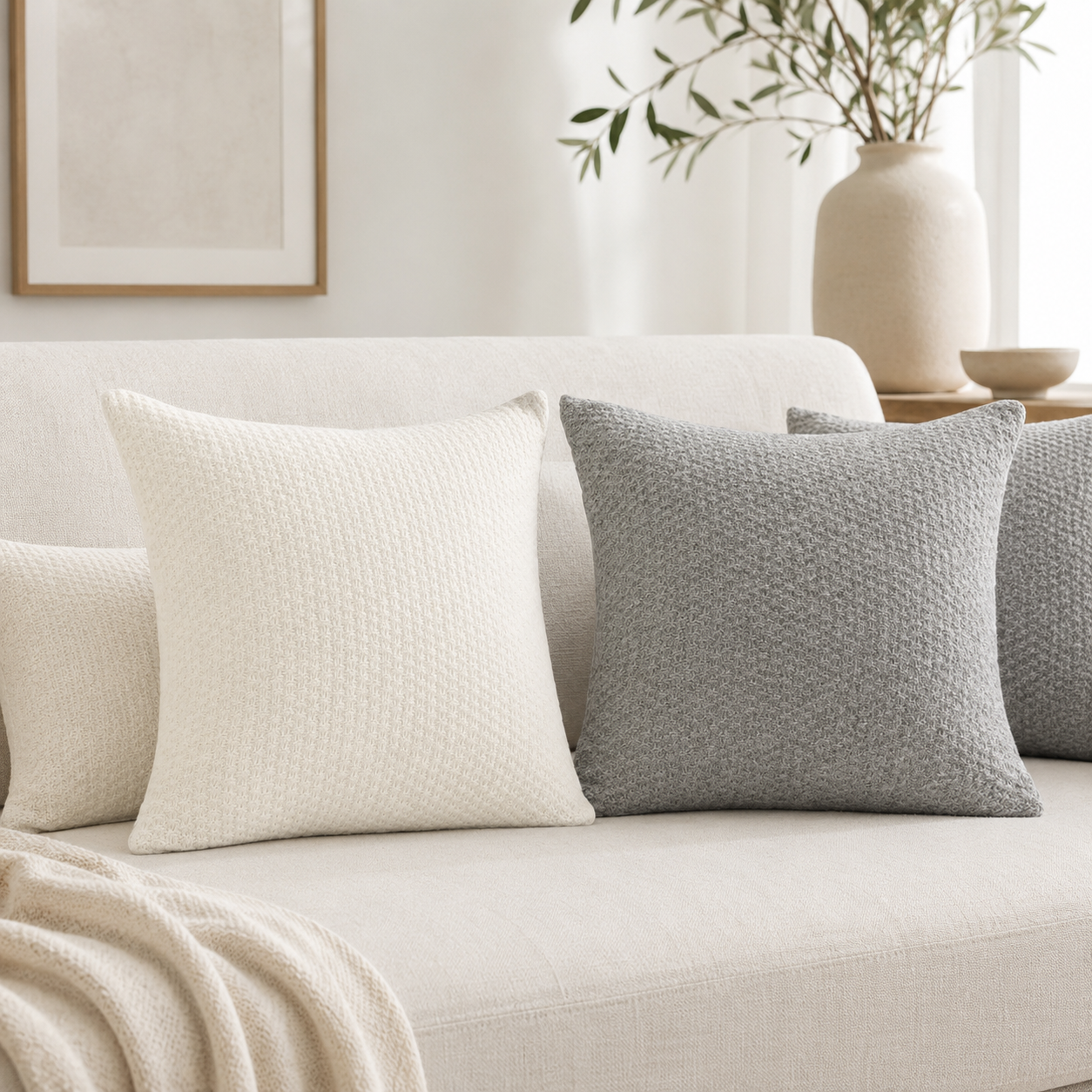 Stone Grey Textured Decorative Pillow Cover -Ivory