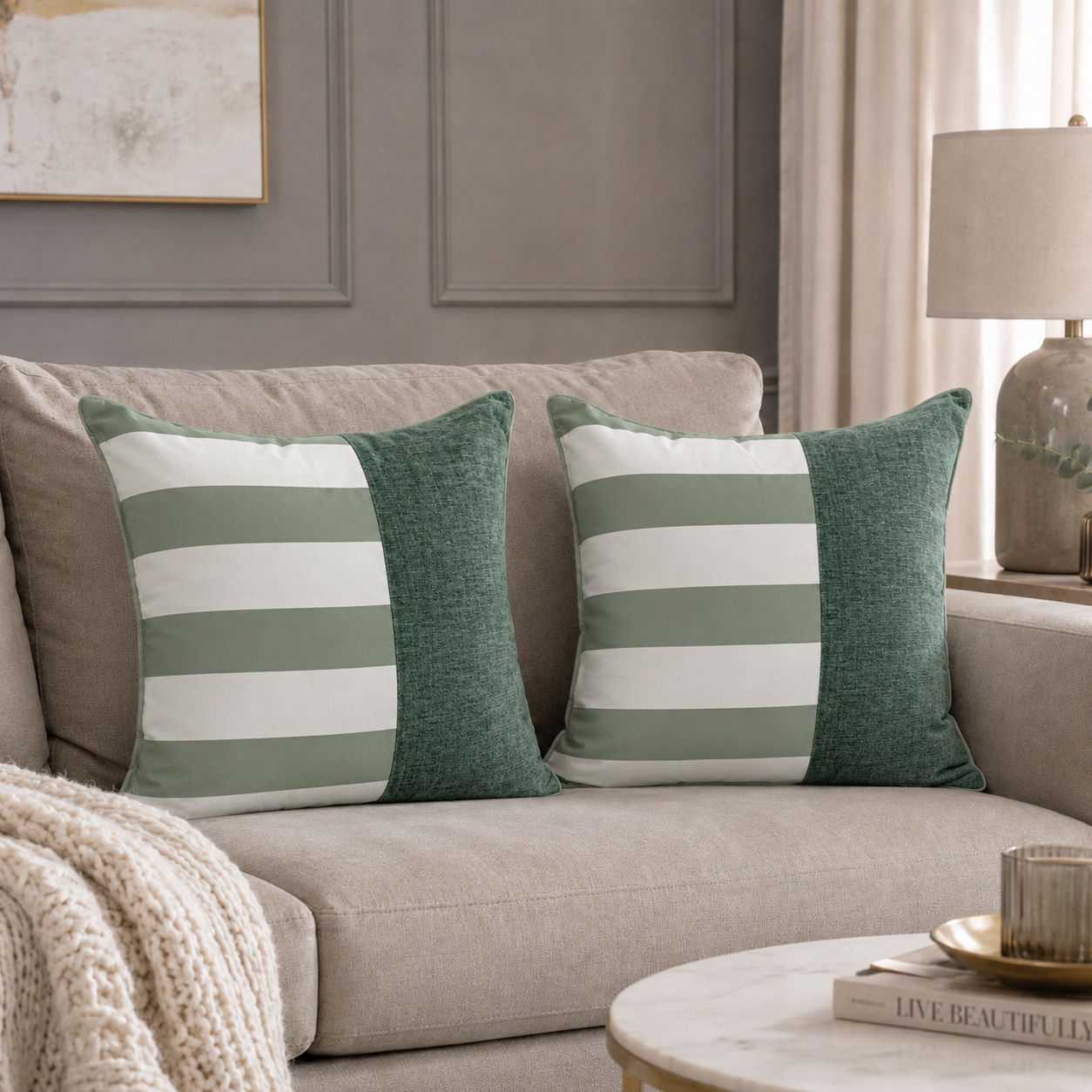 Green Striped Pillow Cover Set