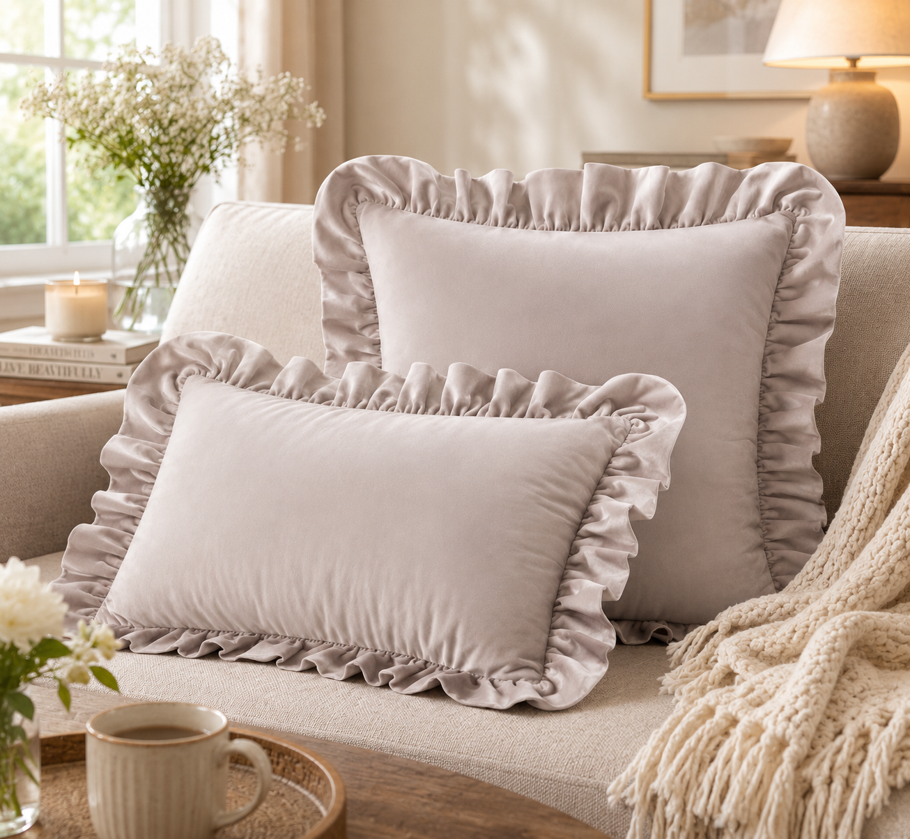 Ruffled Velvet Cushion Pillow Cover - Stone Beige