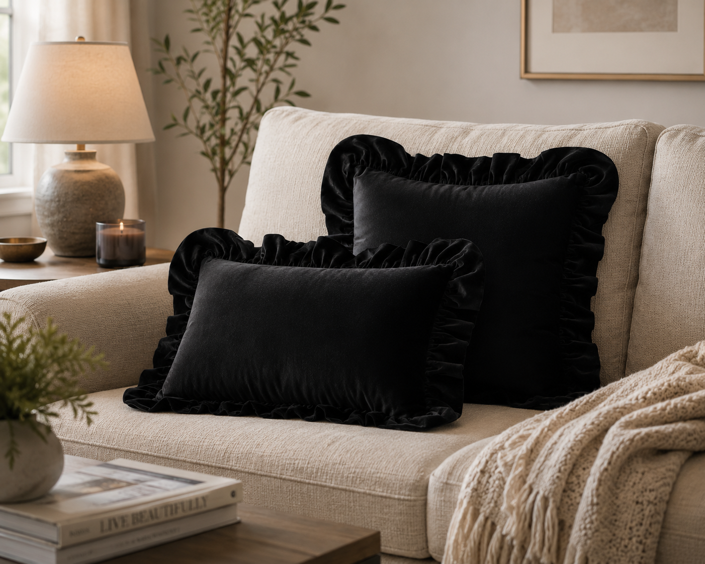 Ruffled Velvet Cushion Pillow Cover - Black