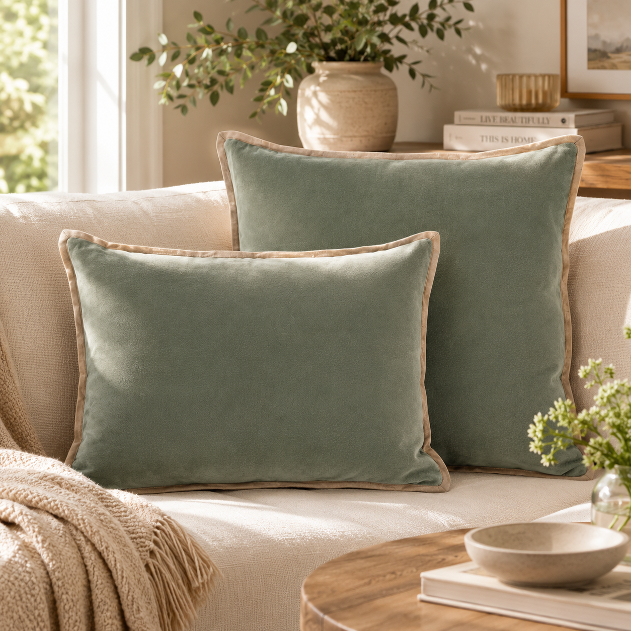 Velvet/Linen Decorative Pillow Cover- Green
