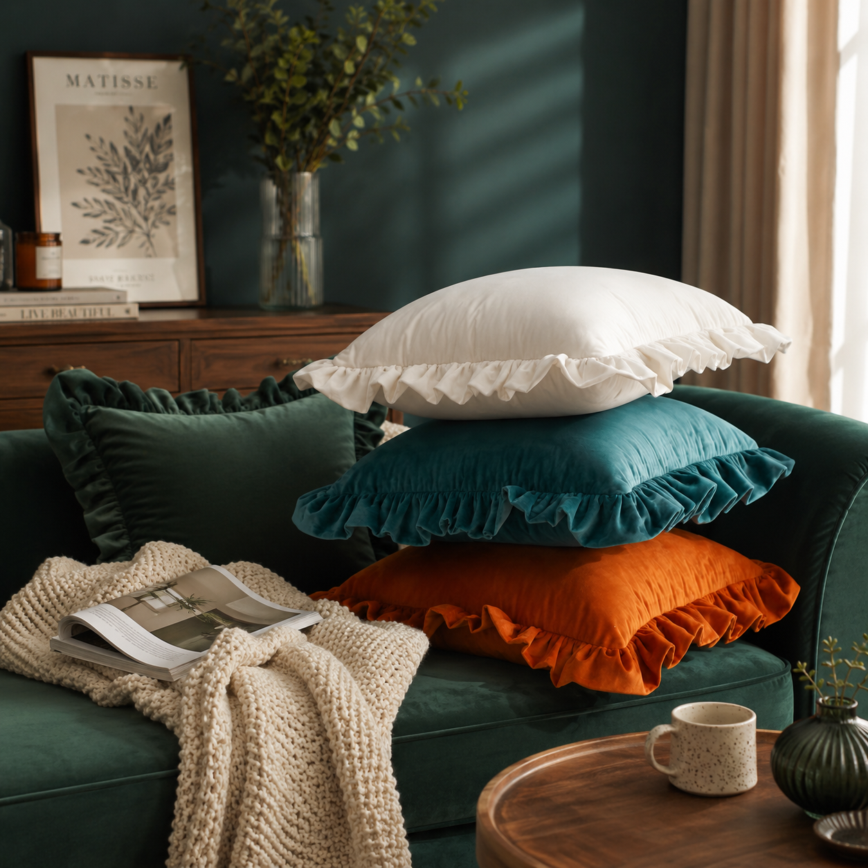 Ruffled Velvet Cushion Pillow Cover - White