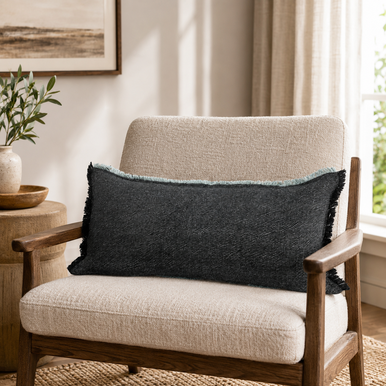 Charcoal Fringe Linen Pillow Cover