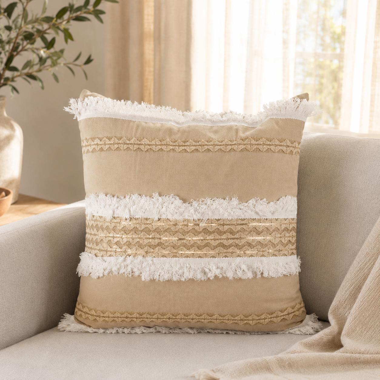 Fringed Stripe Decorative Throw Pillow Cover