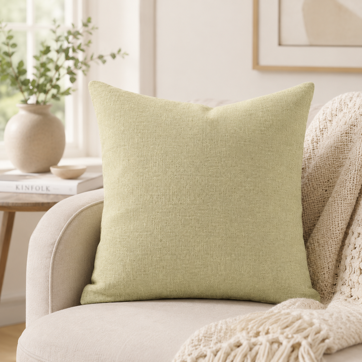 Solid Zipper Linen Pillow Cover - Green