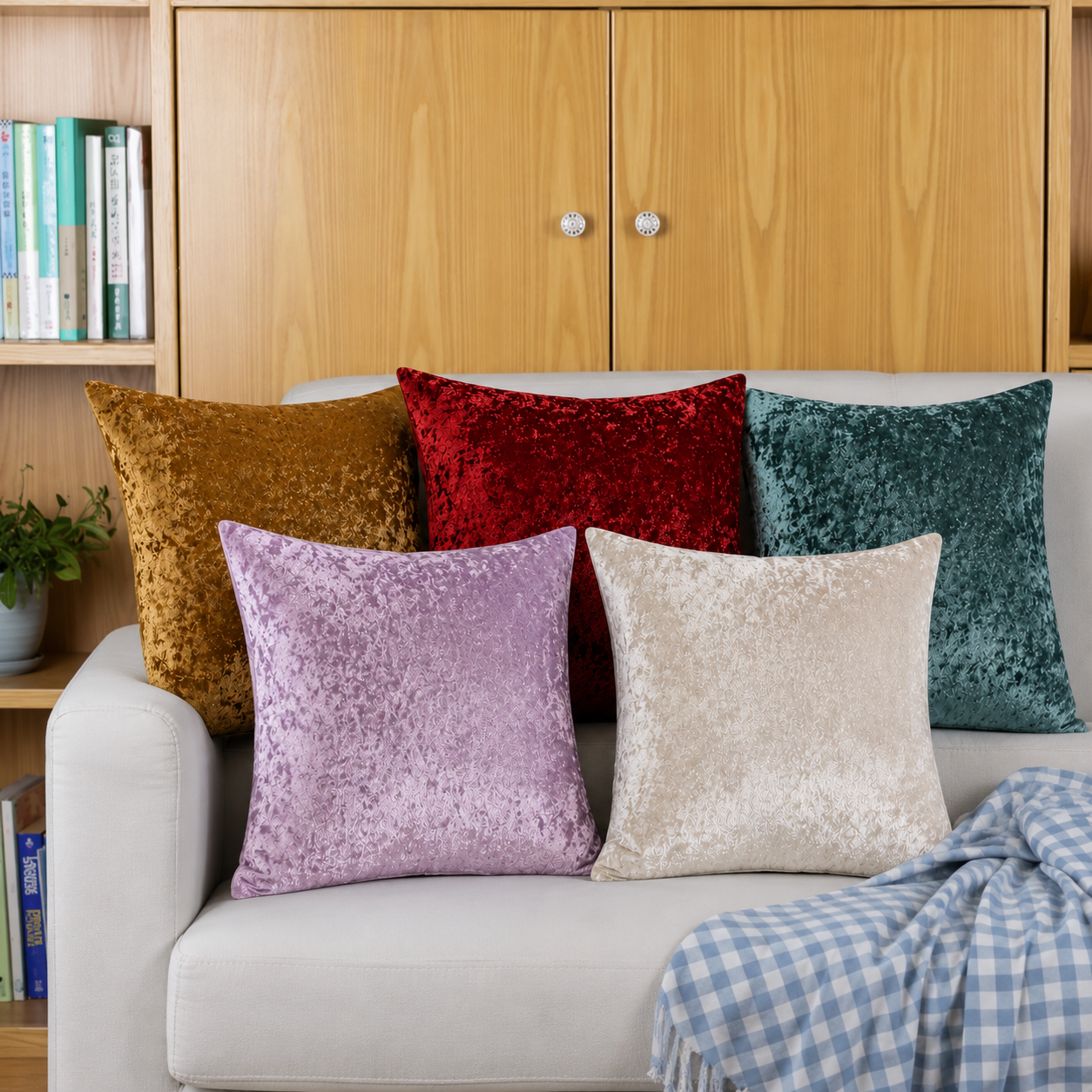 Crushed Velvet Sofa Pillow Cover - Red