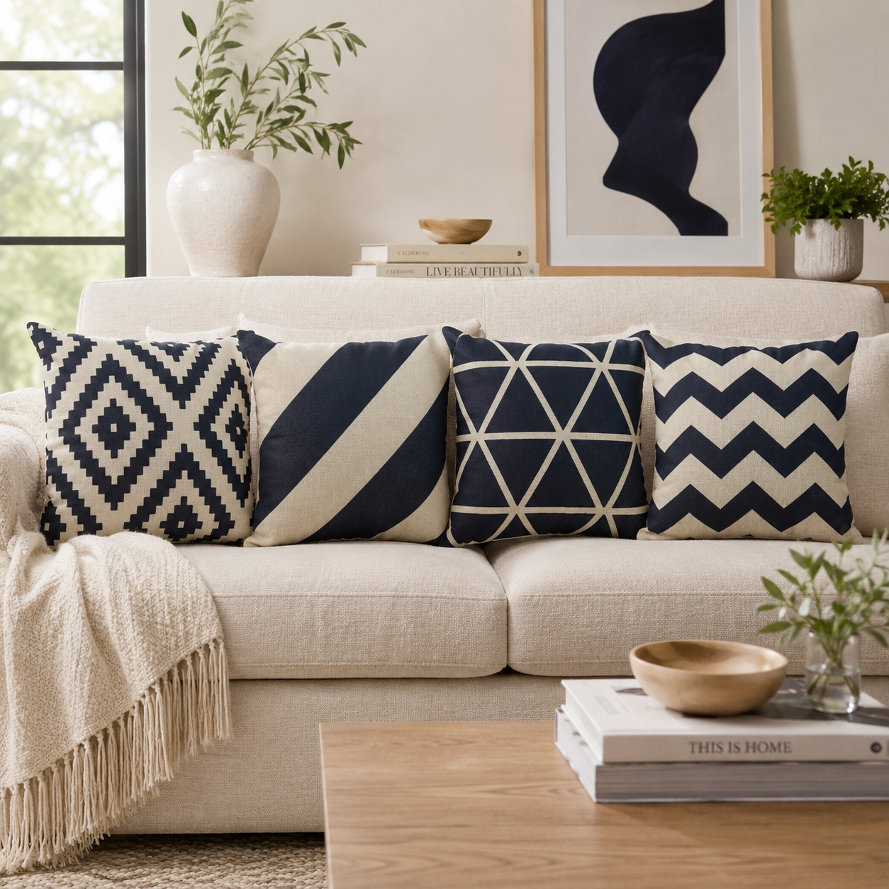 Black Geometric Linen Pillow Cover - Black Chevron
