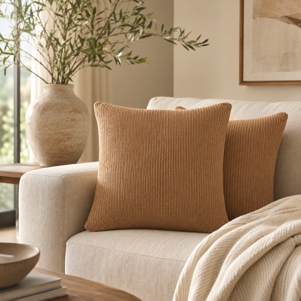 Soft Ribbed Knit Pillow Cover-Camel Brown