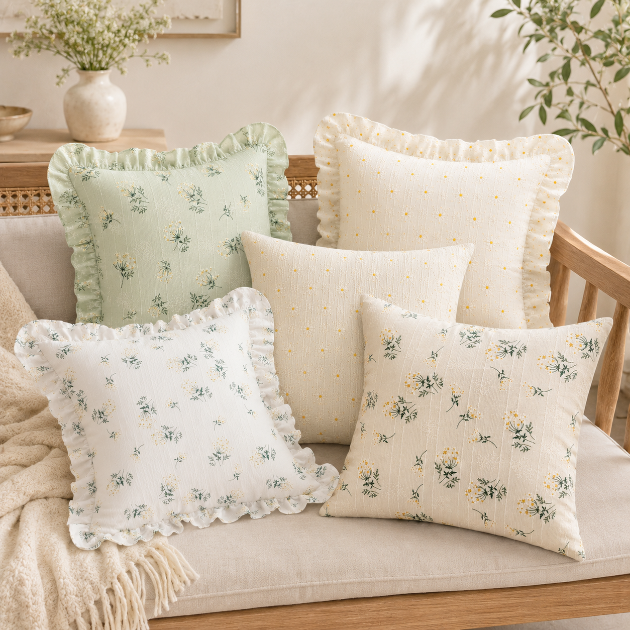Korean Daisy Ruffle Pillow Cover - Beige