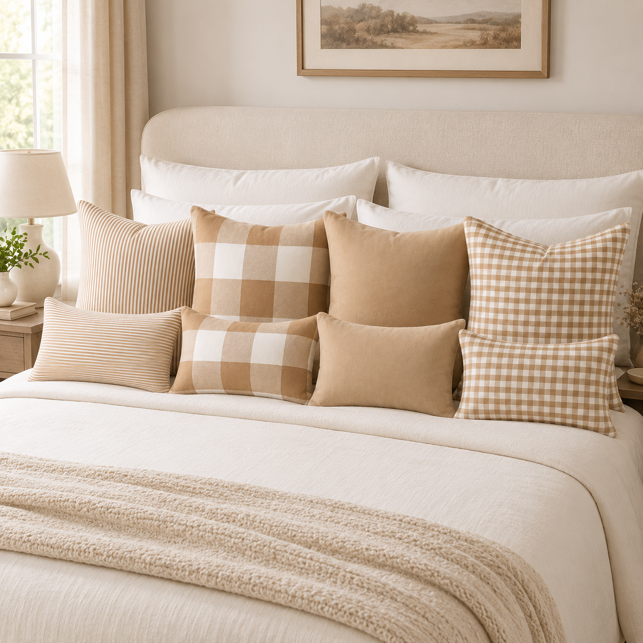 Plaid Canvas Polyester Pillow Cover - Beige
