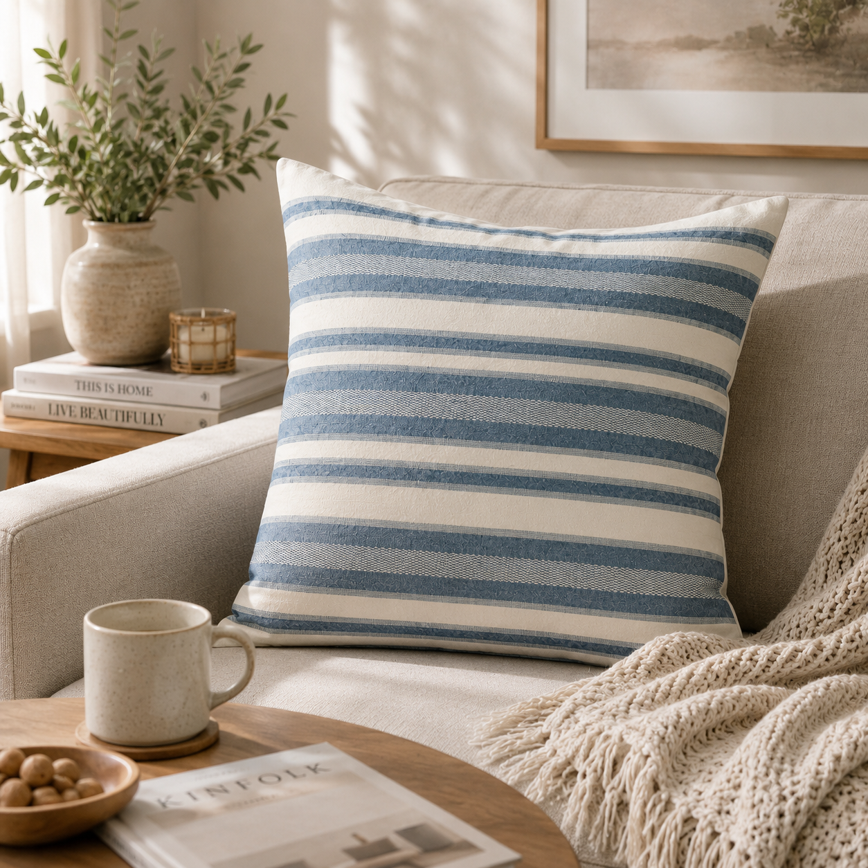 Horizontal Stripe Decorative Throw Pillow Cover- Light Blue