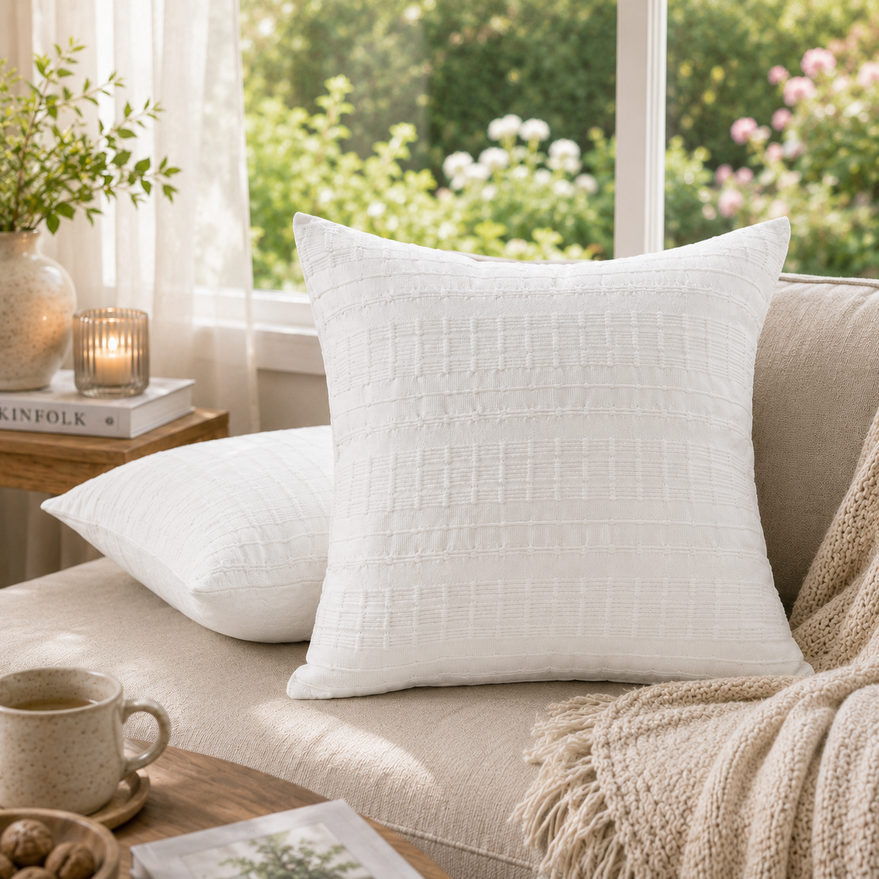 Textured Grid Stripe Decorative Throw Pillow Cover- White