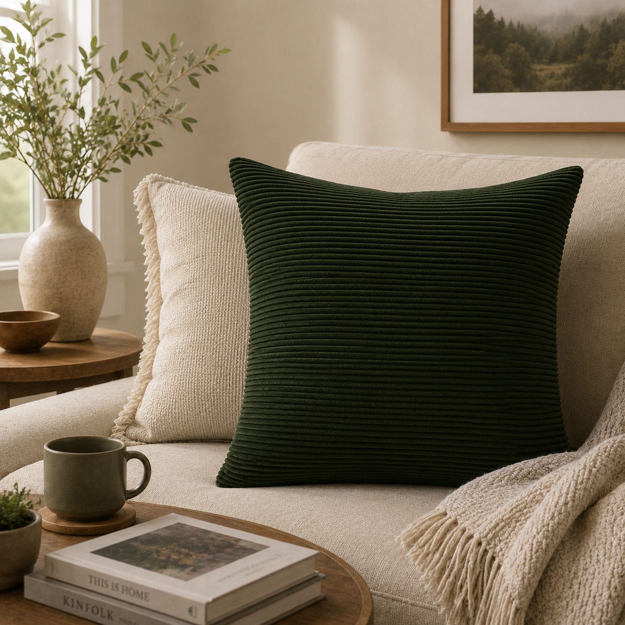 Textured Corduroy Throw Pillow Cover - Green