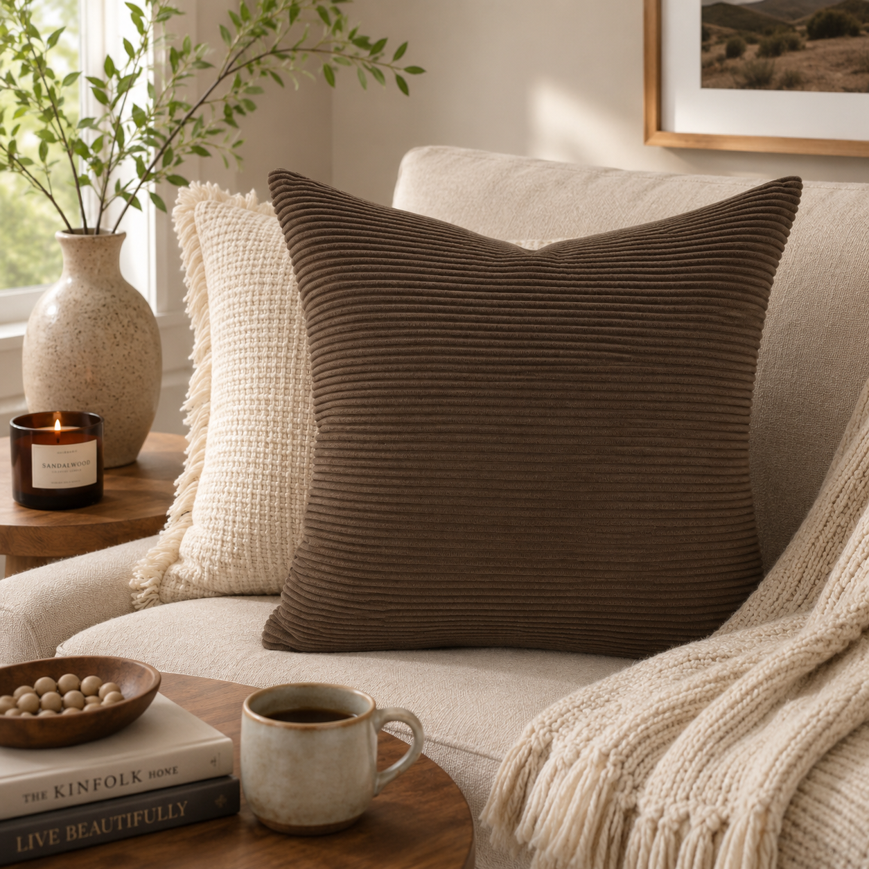 Textured Corduroy Throw Pillow Cover - Brown