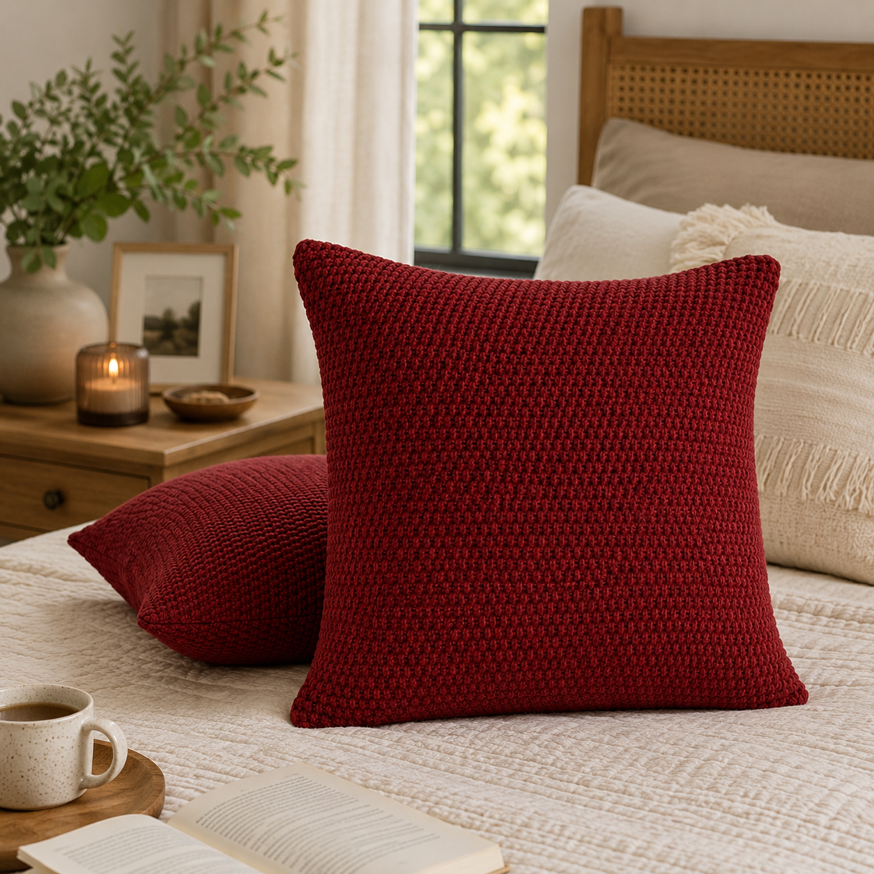 Textured Knit Decorative Throw Pillow Cover- Red
