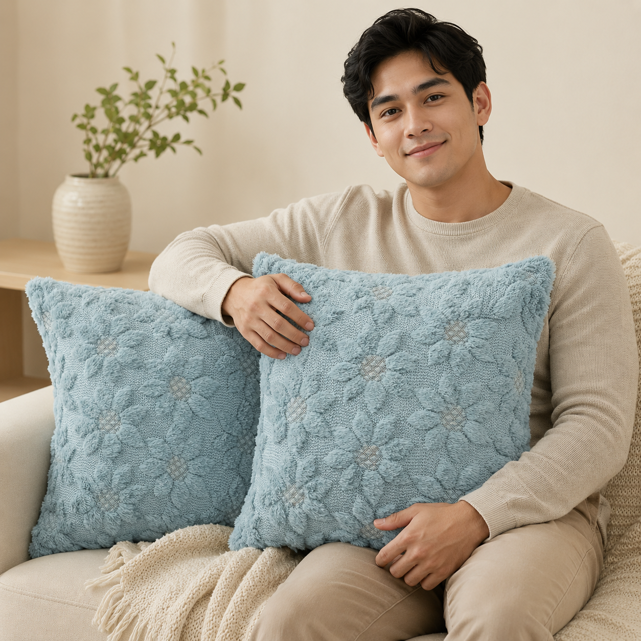 3D Sunflower Embroidery Throw Pillow Cover- Blue