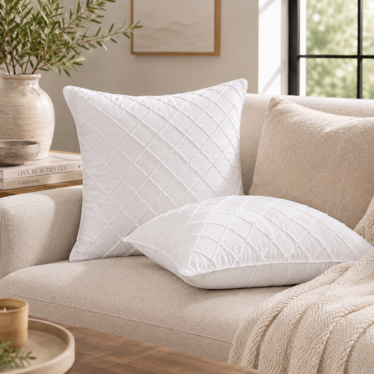 Diamond Grid Throw Pillow Cover - White