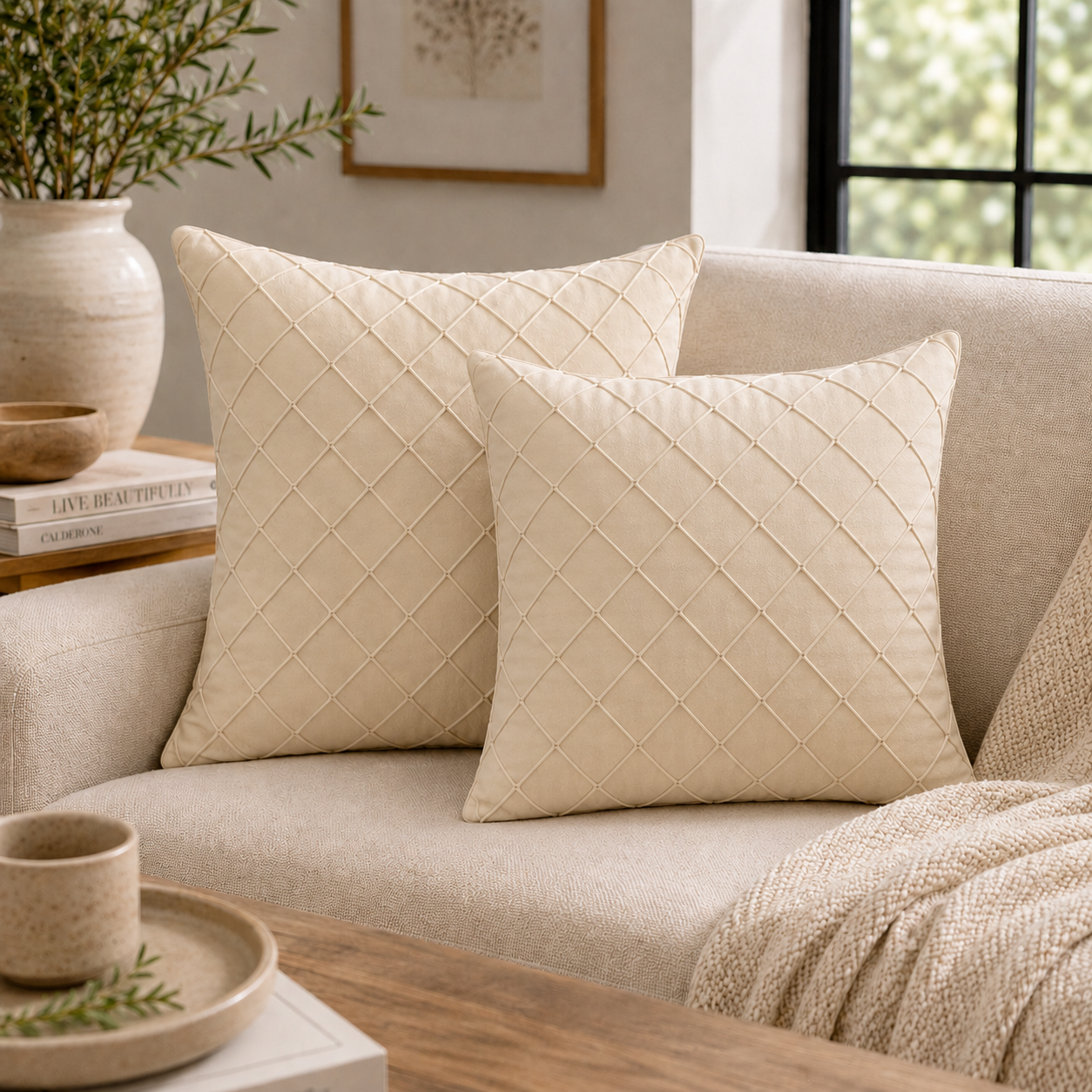 Diamond Grid Throw Pillow Cover - Beige