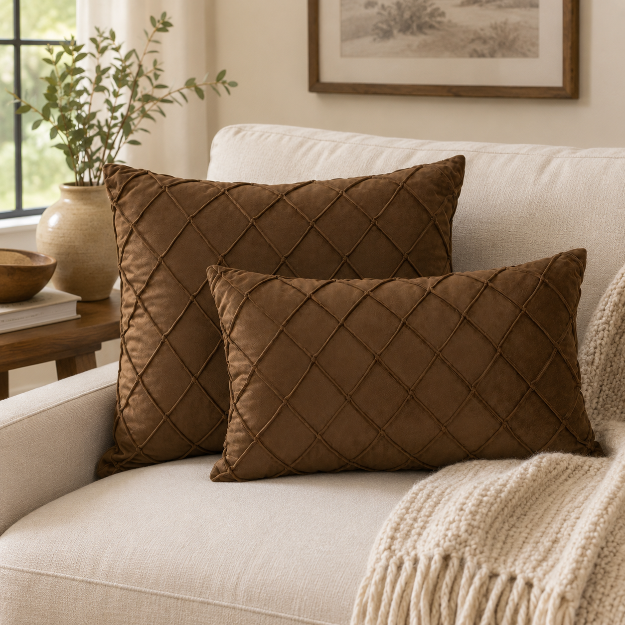 Diamond Grid Throw Pillow Cover - Coffee Brown