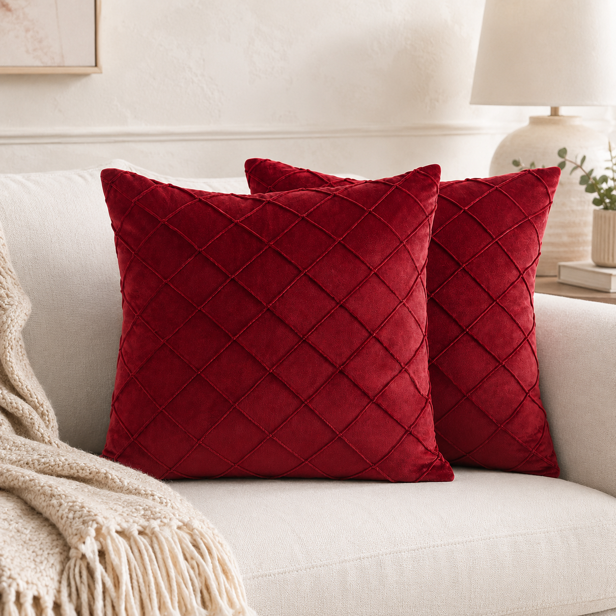 Diamond Grid Throw Pillow Cover - Burgundy