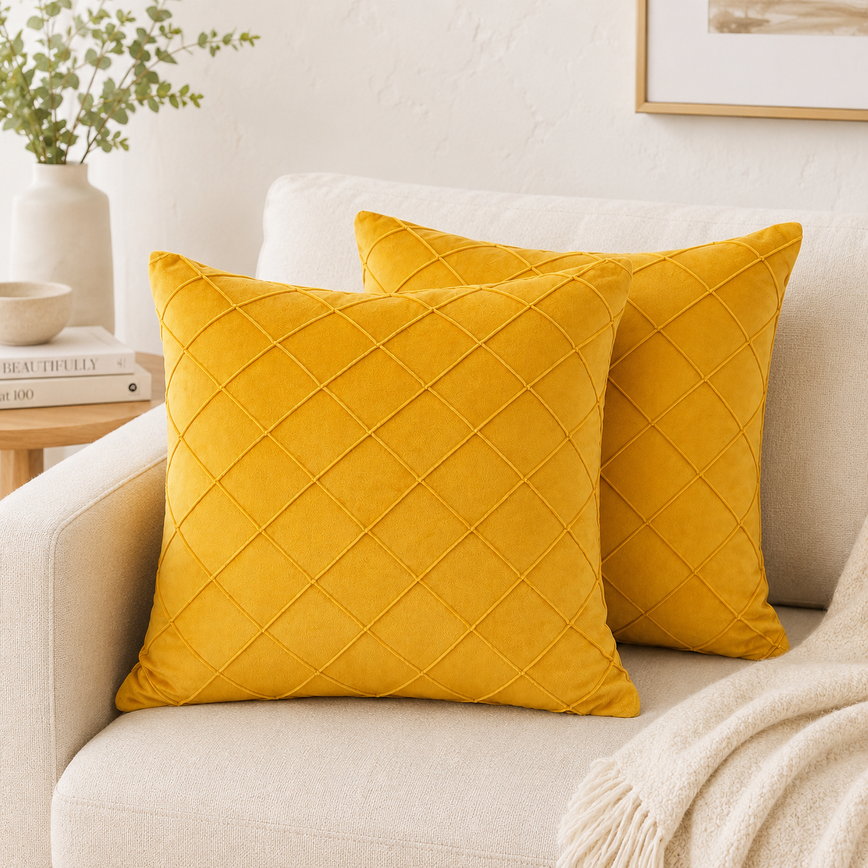 Diamond Grid Throw Pillow Cover - Yellow