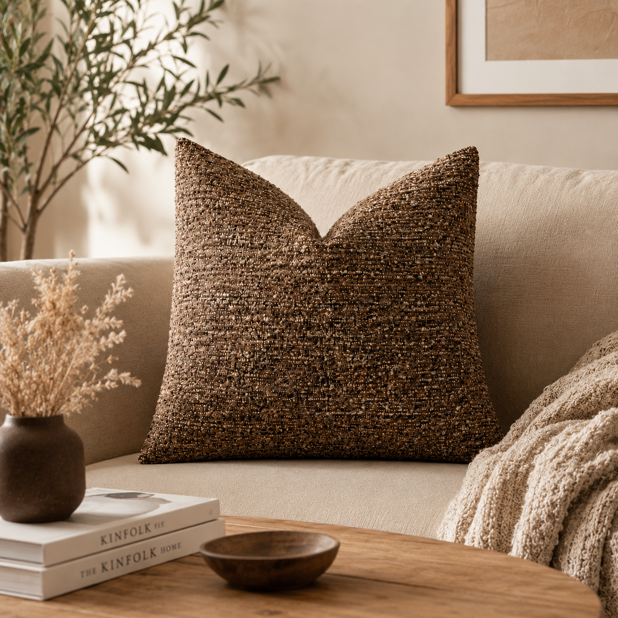Soft Chenille Stripe Pillow Cover- Brown