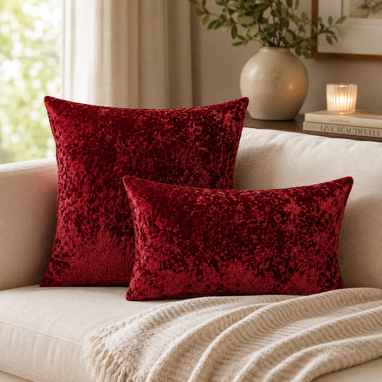 Luxury Crushed Velvet Pillow Cover - Red