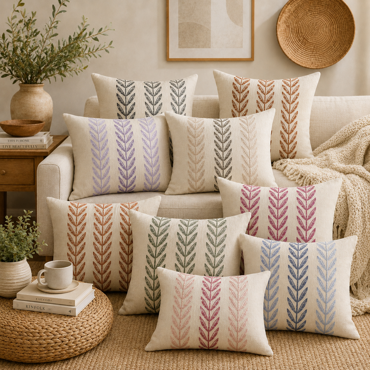 Mixed Beige Farmhouse LeavesThrow Pillow Cover - Black