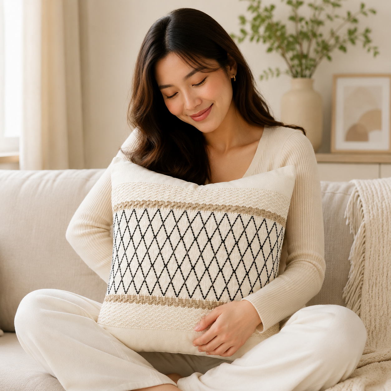 Boho Striped Woven Pillow Cover - Diamond Weave