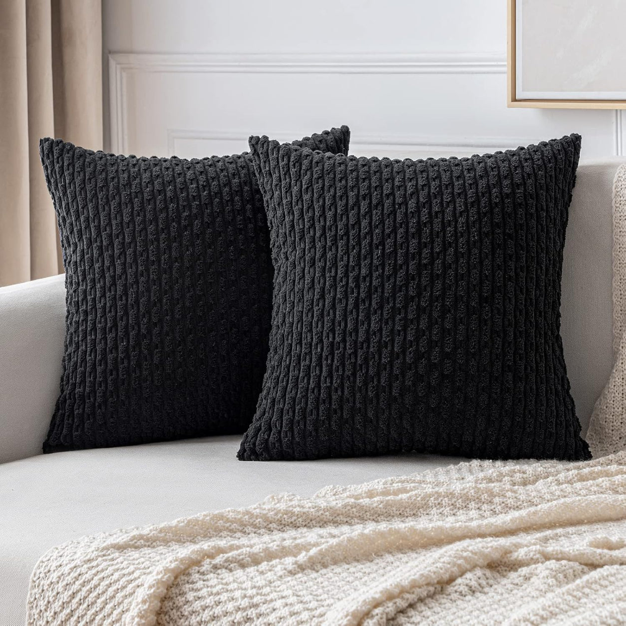 Rustic Textured Throw Pillow Covers- Black