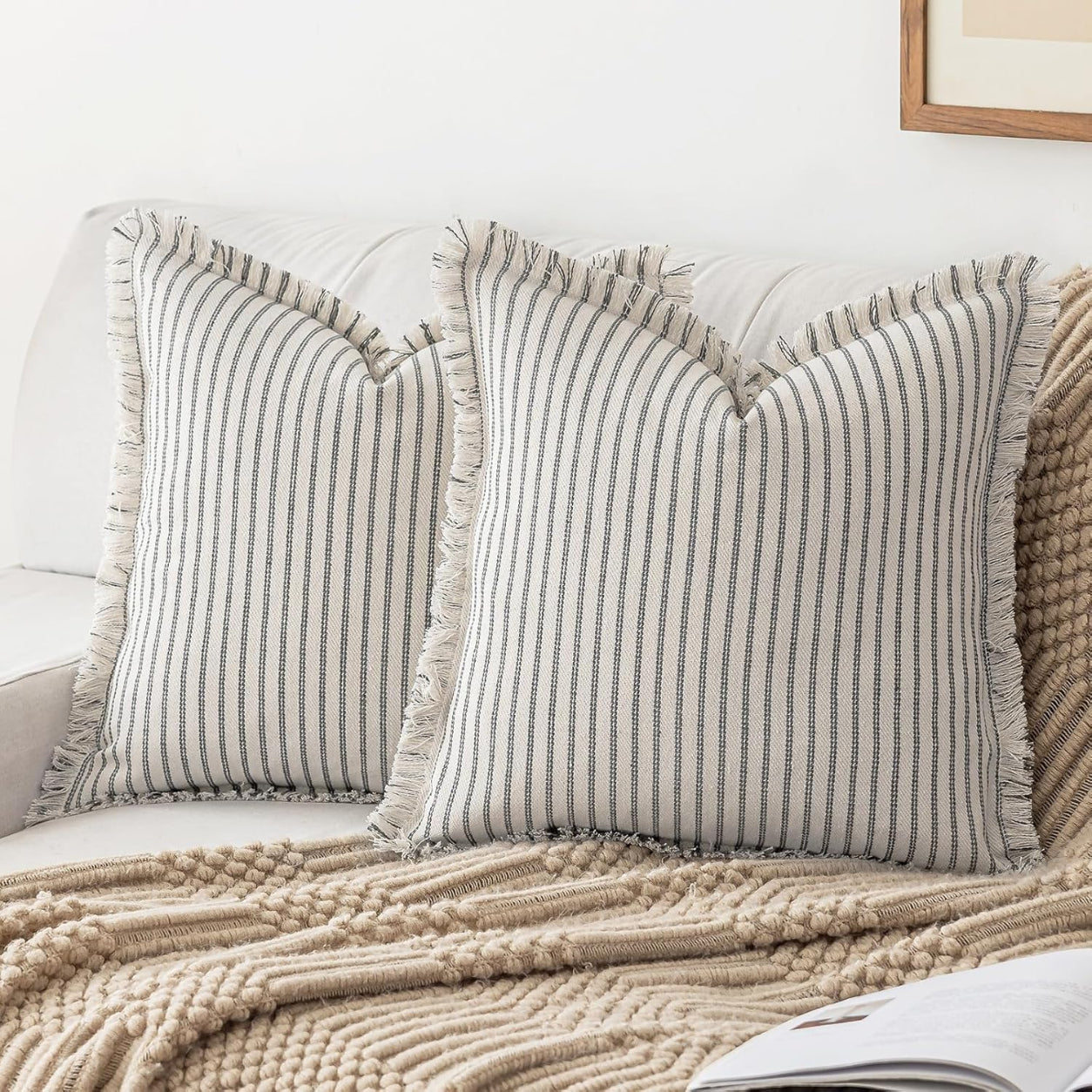 Farmhouse Striped Fringe Pillow Cover- Grey