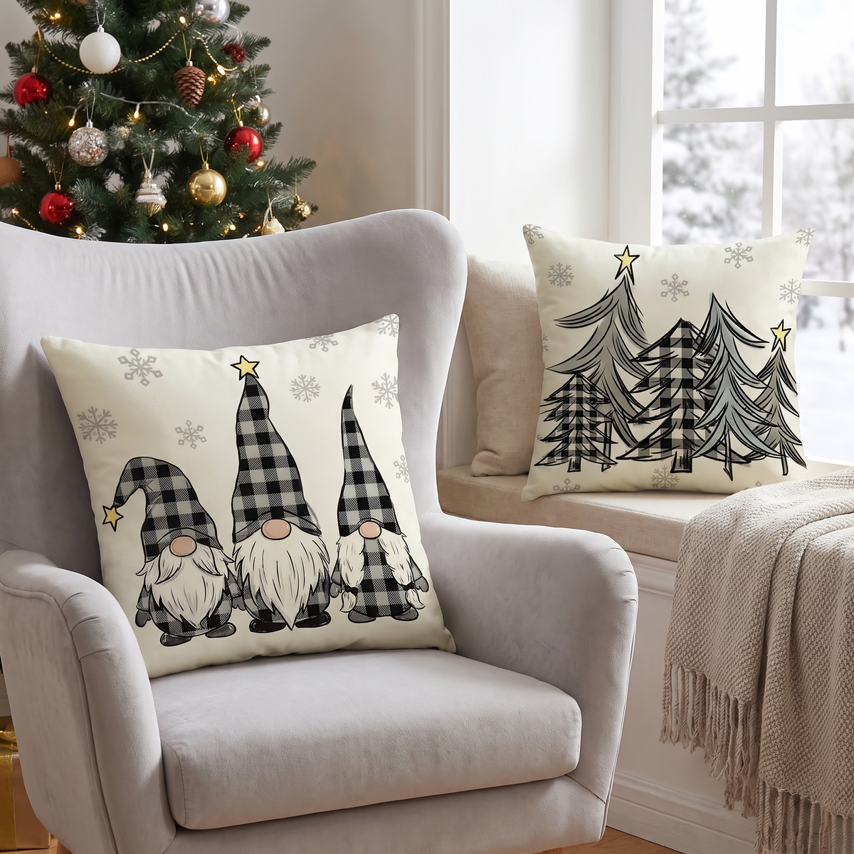 Christmas Gnome Cushion Covers – Set of 4 – styled on an armchair