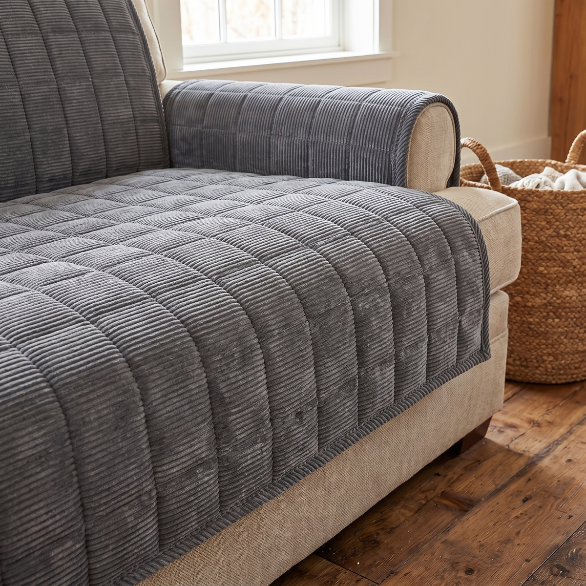 Quilted Couch Cover Mat – Metro Line – tucked edge detail