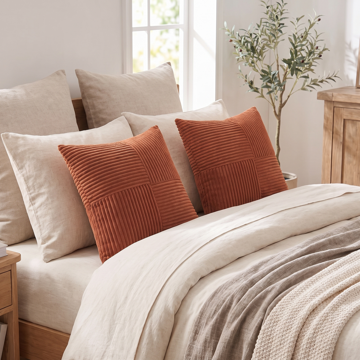 Boho Patchwork Corduroy Cushion Cover – Rust – styled on a bed
