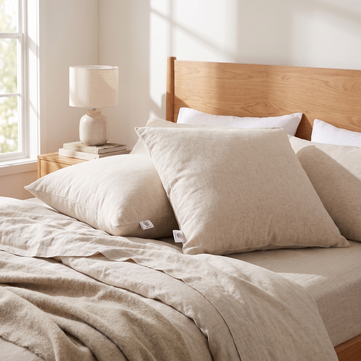 Hollowfibre Lumbar Cushion Insert – inside a cover on a bed