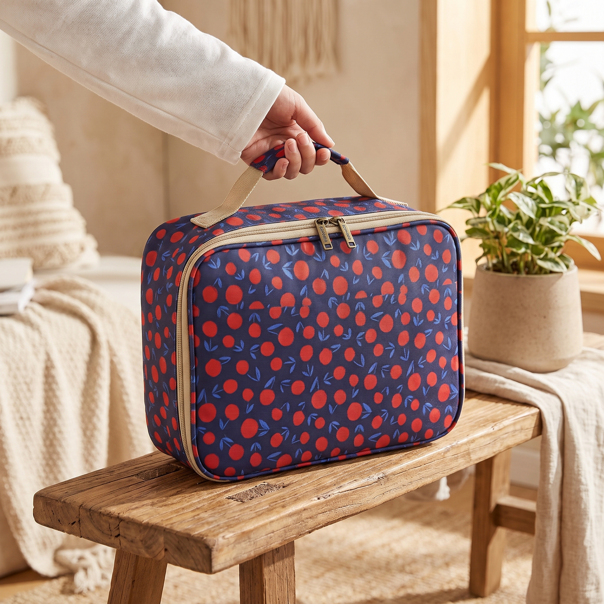 Retro Floral Insulated Picnic Lunch Bag – folded to carry