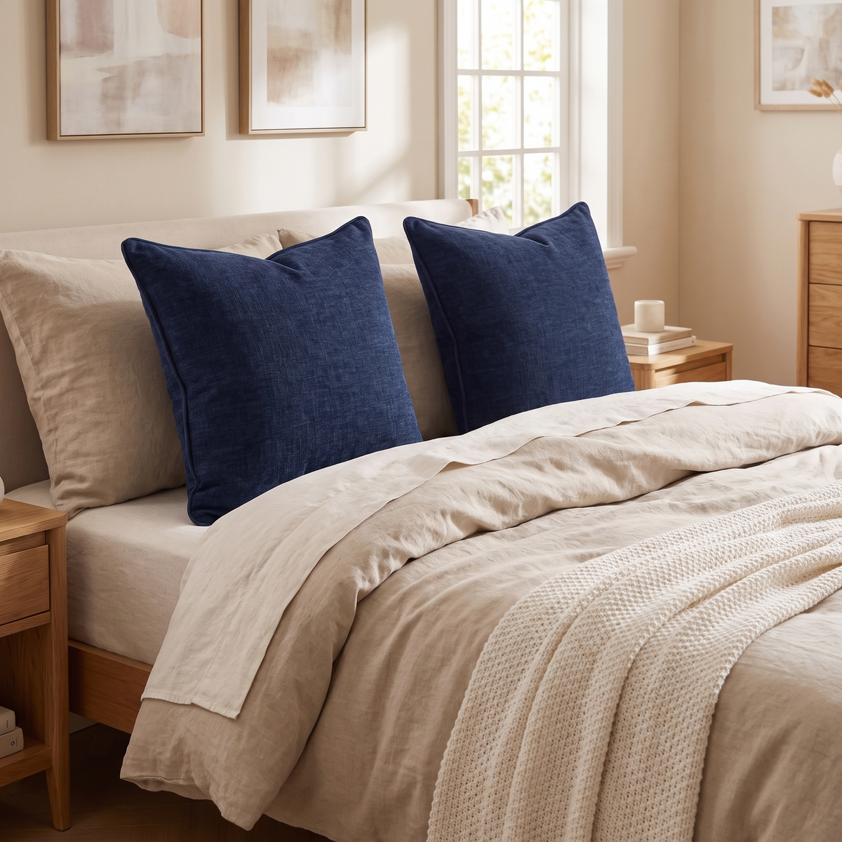Cosy Chenille Cushion Cover – Navy Blue – styled on a bed