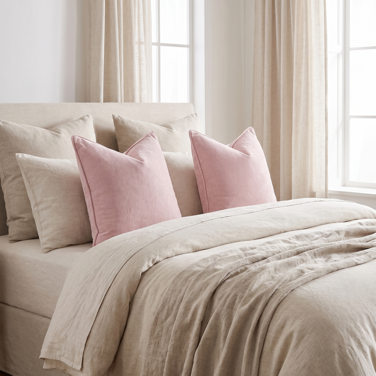 Blush Pink Chenille Cushion Cover – styled on a bed