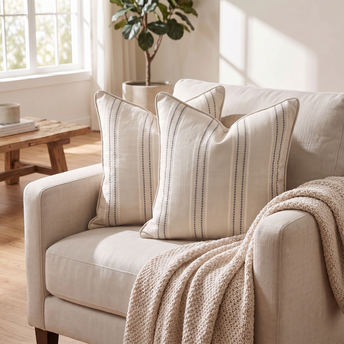 Textured Striped Linen Cushion Cover – Grey – styled on an armchair