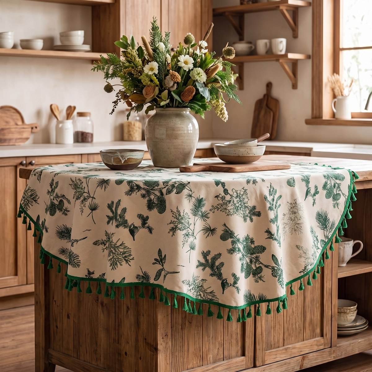 Pine Cone Print Round Christmas Tablecloth – styled on a sideboard