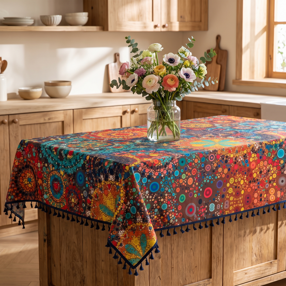 Hypnotic Floral Tassel Tablecloth – styled on a sideboard