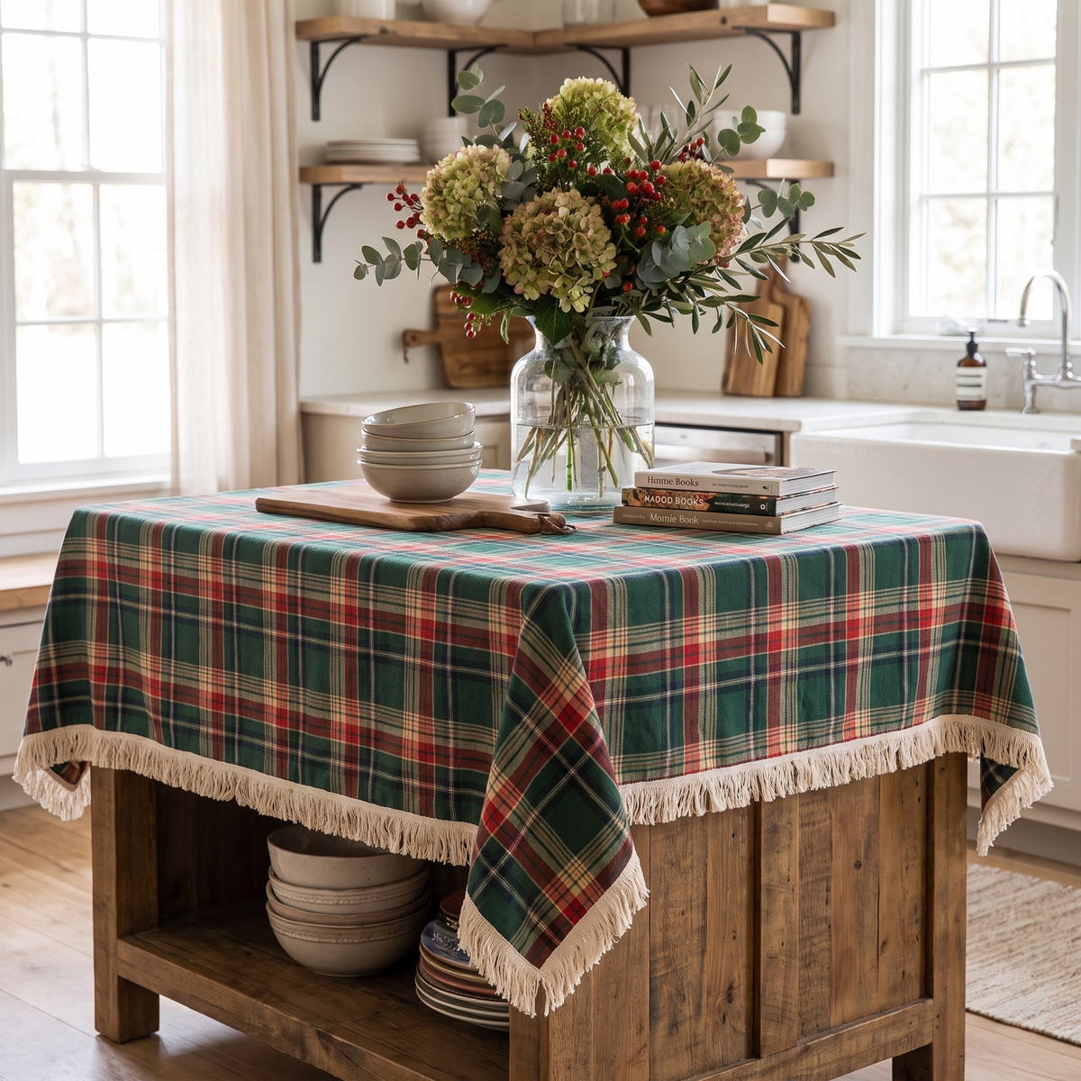 Vintage Plaid Round Christmas Tablecloth – styled on a sideboard