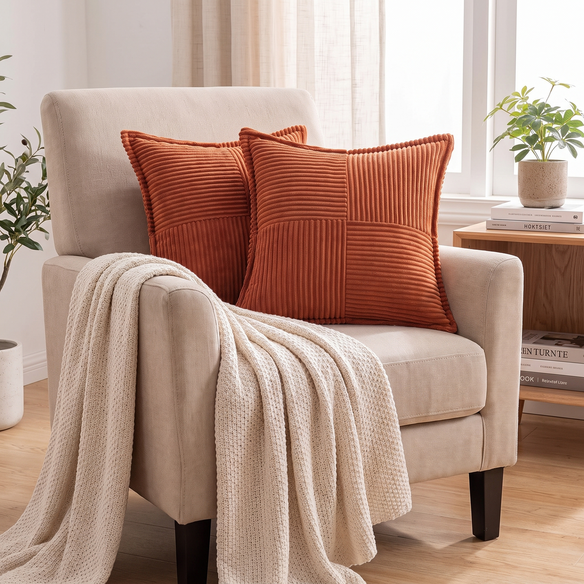 Boho Striped Corduroy Cushion Cover – Rust – styled on an armchair