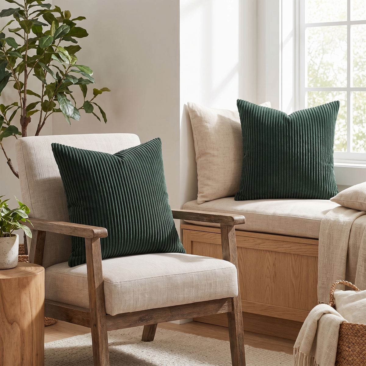 Forest Green Corduroy Cushion Covers – Set of 4 – styled on an armchair