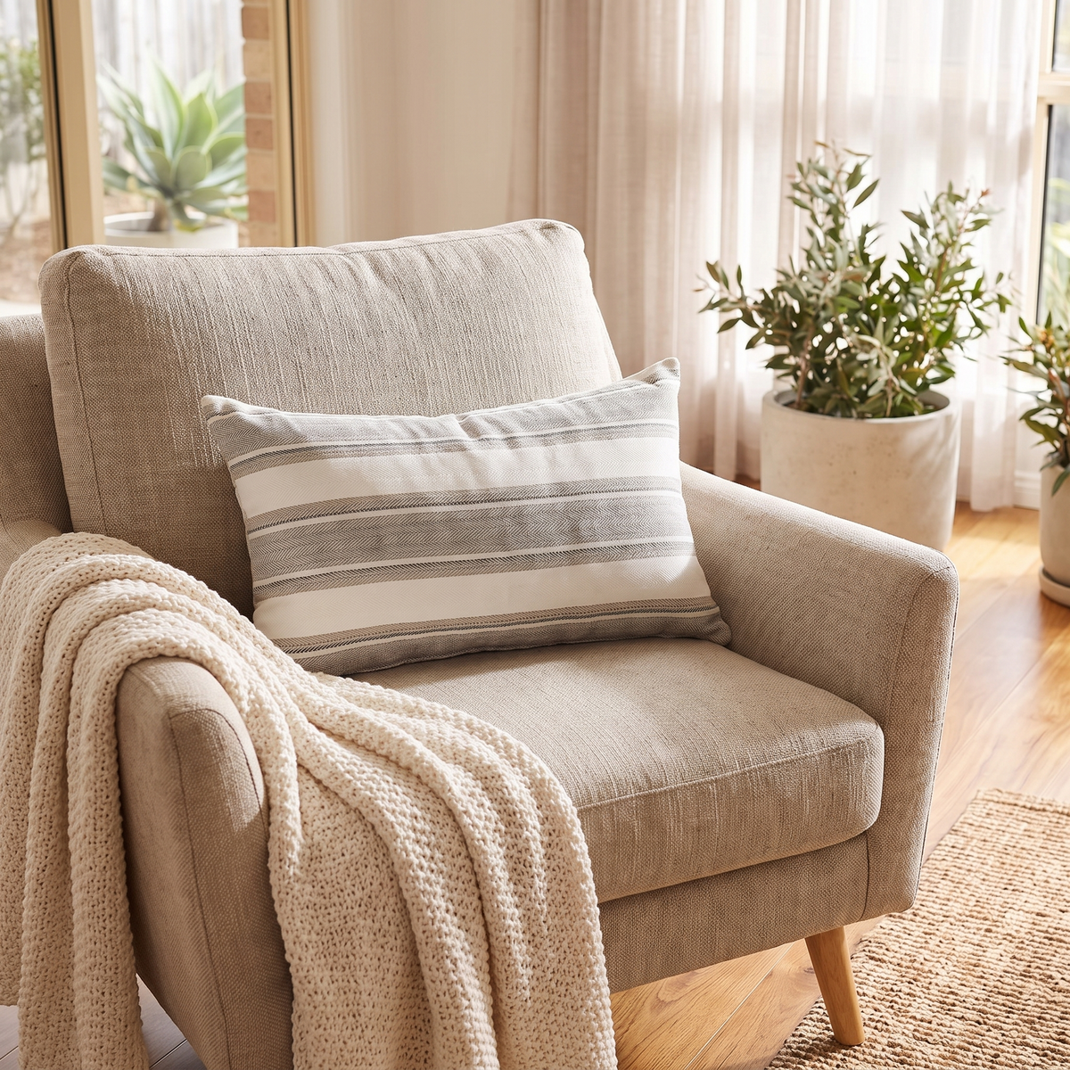 Multi-Stripe Linen-Look Lumbar Cushion Cover – Grey – styled on an armchair