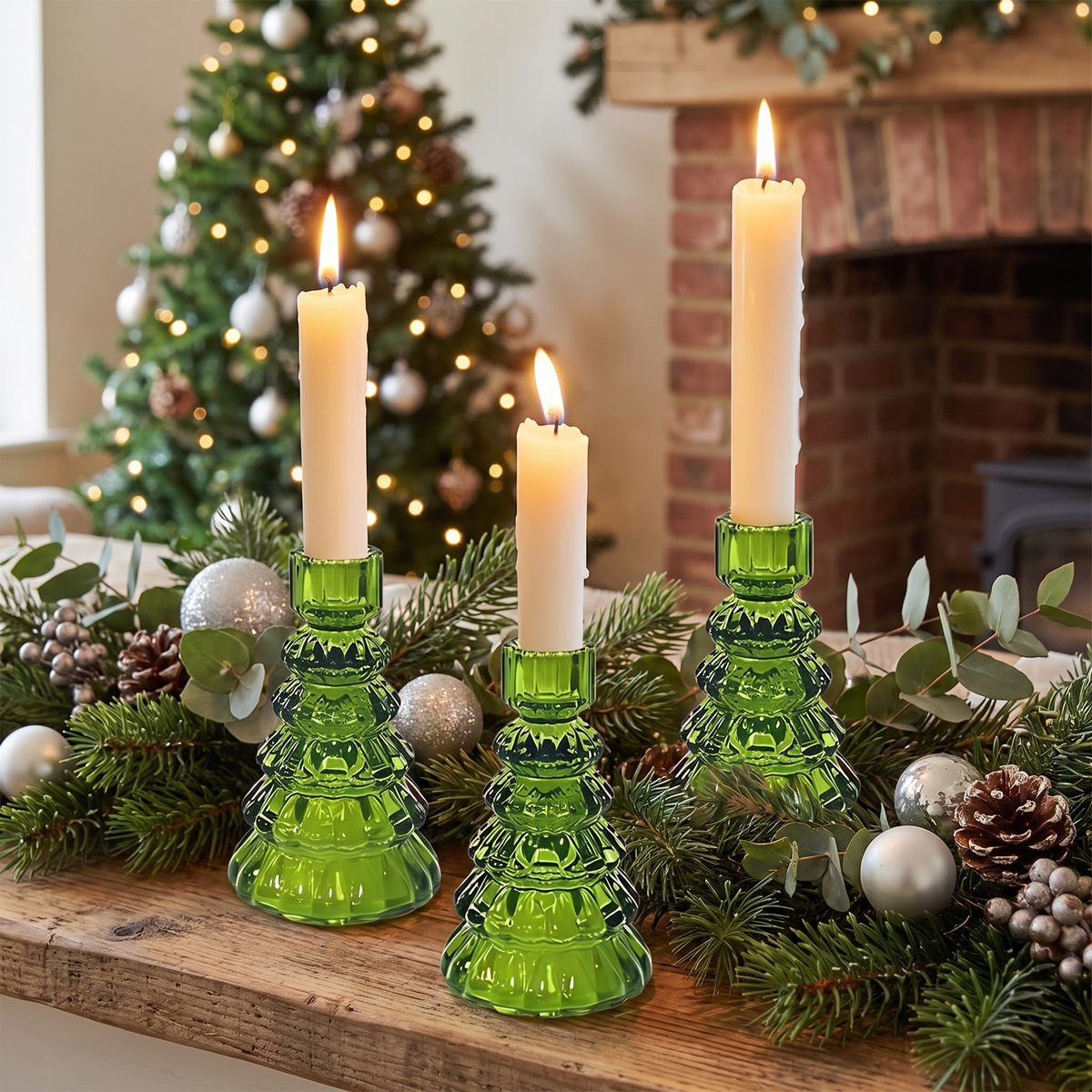 Christmas Tree Glass Candle Holders – styled on a mantelpiece