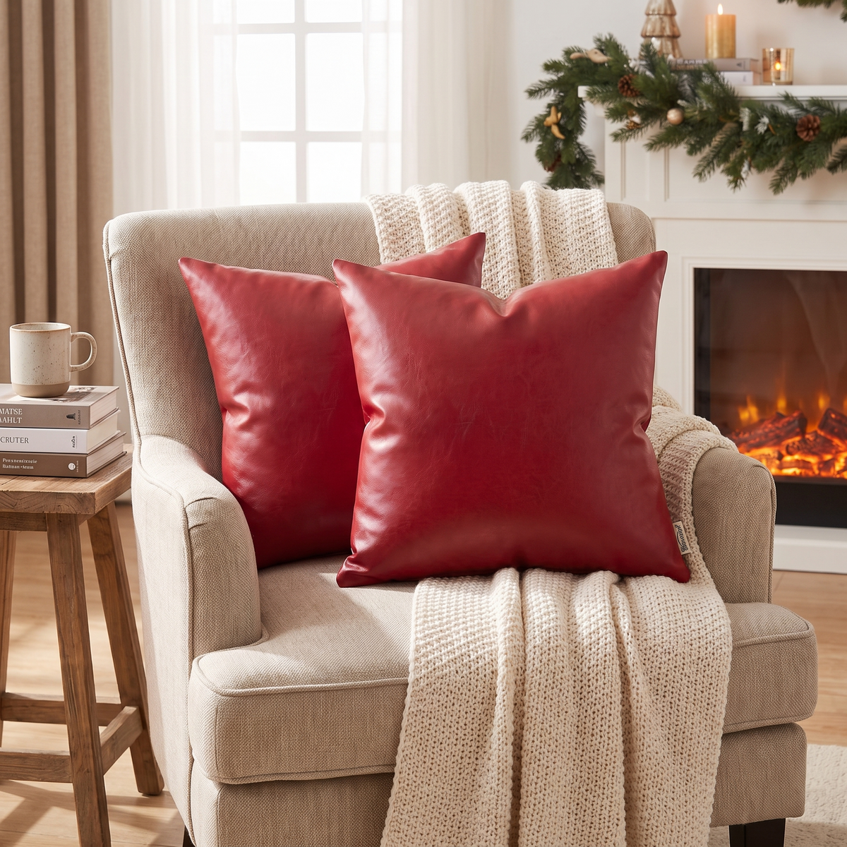 Faux Leather Christmas Cushion Cover – Red – styled on an armchair